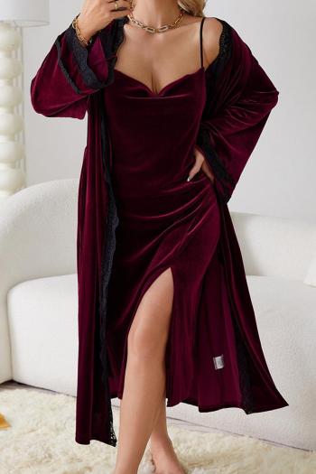 sexy slight stretch lace velvet belt robe & sling slit midi dress sleepwear