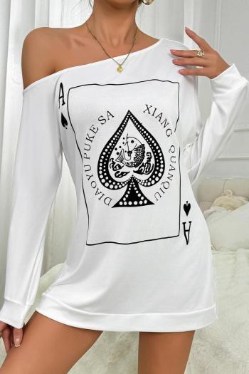 casual slight stretch poker graphic print oblique shoulder mini dress loungewear