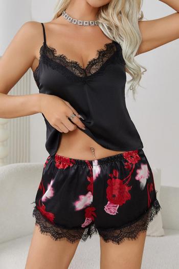 sexy non-stretch imitation silk lace sling flower print shorts set sleepwear