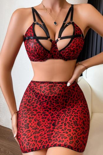 sexy slight stretch red leopard mesh underwire three-piece lingerie