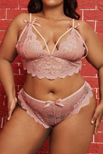 sexy plus size slight stretch lace solid color bow decor two-piece set