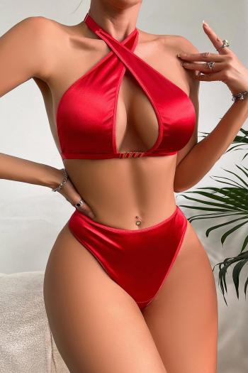 sexy slight stretch pure color cross bra & panty set