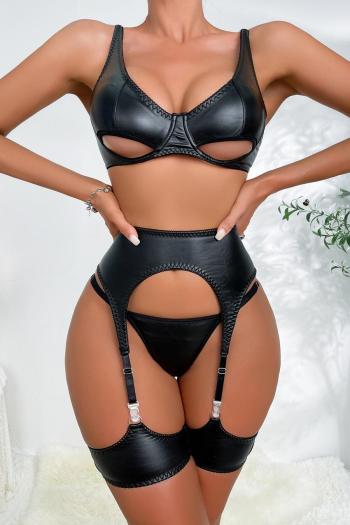 sexy plus size slight stretch pu underwire three-piece lingerie with leg rings