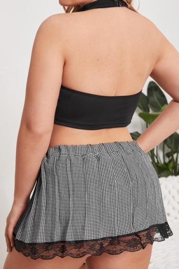 Sexy plus size slight stretch tiny lattice hollow two-piece set student costumes