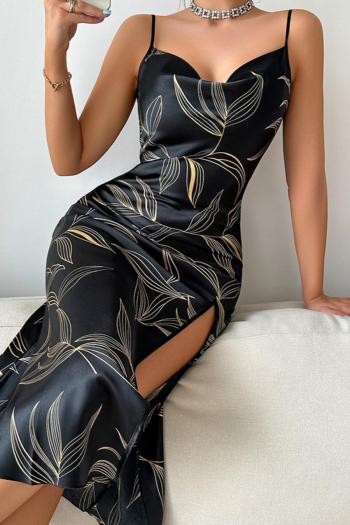 sexy non-stretch leaf print slit sling satin backless midi dress sleepwear