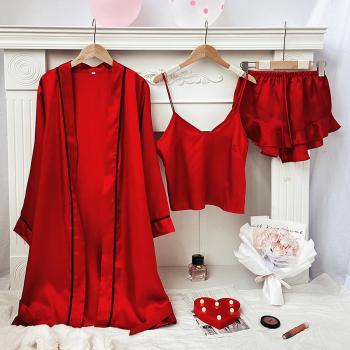 sexy non-stretch simple solid satin three-piece set sleepwear