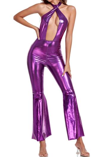sexy non-stretch solid color halter-neck zip-up jumpsuit disco costumes