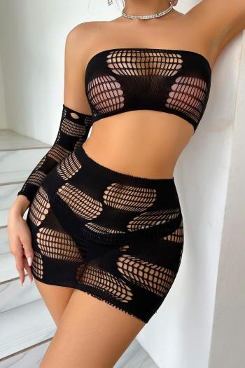 sexy high stretch solid color fishnet skirt sets(with sleeves)