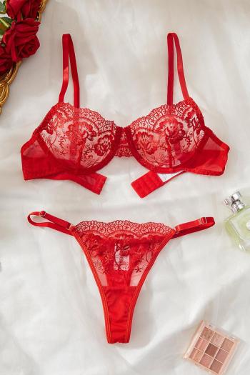 sexy slight stretch embroidery mesh underwire gathered bra & panty set lingerie