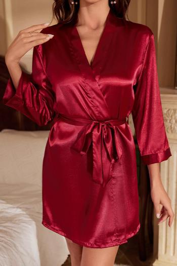 casual non-stretch solid color imitation silk nightgown with belt sleepwear