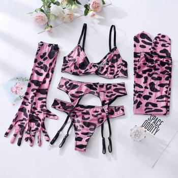 stretch leopard mesh garter three-piece set(with underwire& gloves& stockings)