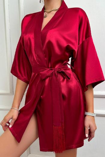 non-stretch solid color casual imitation silk nightgown with belt sleepwear