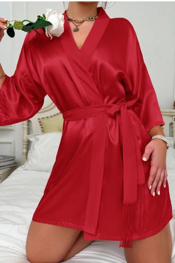 plus size solid color non-stretch imitation silk casual belt robe sleepwear set