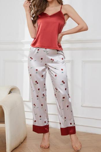 sexy non-stretch cherry printed sling imitation silk fabric pants set sleepwear