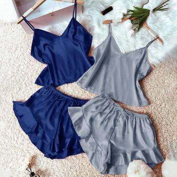 new casual non-stretch imitation silk shorts 2 colors 4-pieces set sleepwear