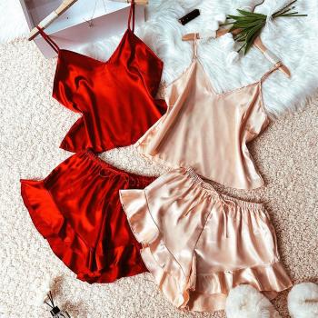 new non-stretch imitation silk casual shorts 2 colors 4-pieces set sleepwear