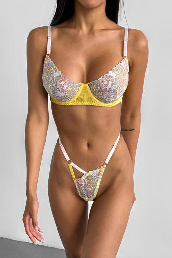 sexy slight stretch flower embroidery three-piece set(with underwire& leg rings)