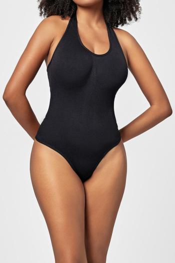 high stretch solid color halter-neck body shaping bodysuit shapewear