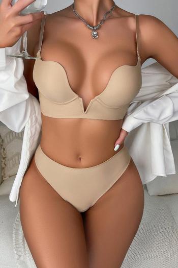 stretch solid color v-neck gather with underwire padded bras sets