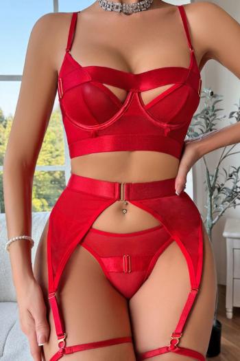 sexy slight stretch mesh solid color three-piece set(with underwire& leg rings)