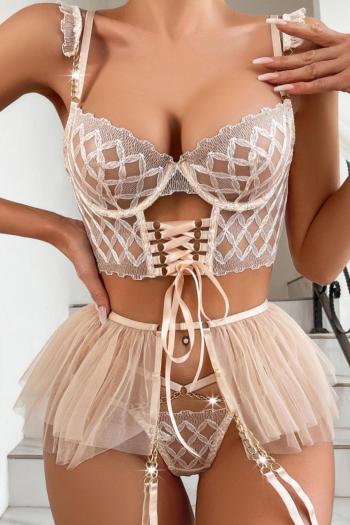 sexy slight stretch mesh underwire garter gathered three-piece lingerie