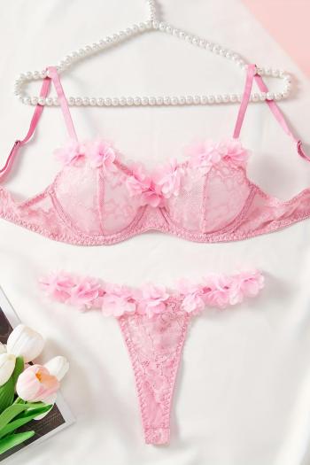 sexy slight stretch lace 3d flower decor underwire gathered bra & panty set