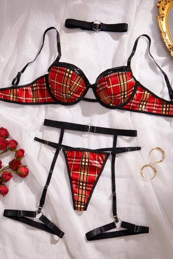sexy slight stretch checkered underwire3-piece set & leg rings with neck ring