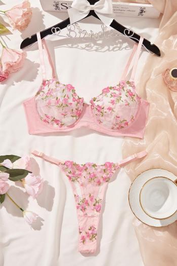 slight stretch see-through mesh flower embroidery two-piece set(with underwire)