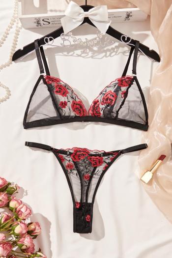 sexy slight stretch see-through mesh flower embroidery two-piece set