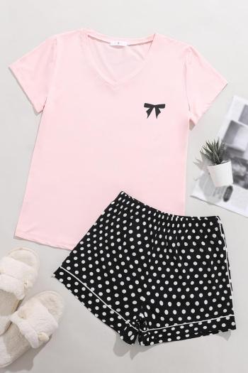 casual slight stretch bow polka dot print thin shorts set loungewear