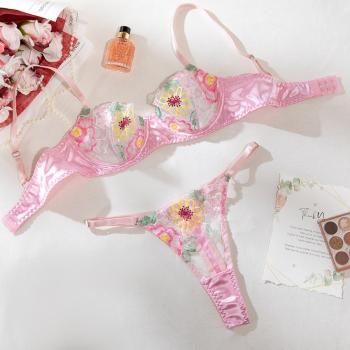 Sexy slight stretch satin mesh embroidered flower with underwire two piece set