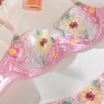 Sexy slight stretch satin mesh embroidered flower with underwire two piece set