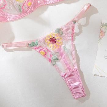 Sexy slight stretch satin mesh embroidered flower with underwire two piece set