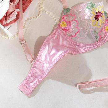 Sexy slight stretch satin mesh embroidered flower with underwire two piece set