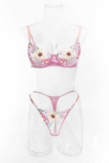 Sexy slight stretch satin mesh embroidered flower with underwire two piece set