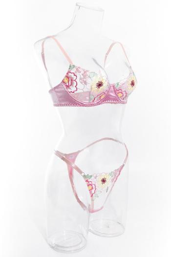 Sexy slight stretch satin mesh embroidered flower with underwire two piece set