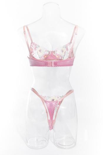 Sexy slight stretch satin mesh embroidered flower with underwire two piece set