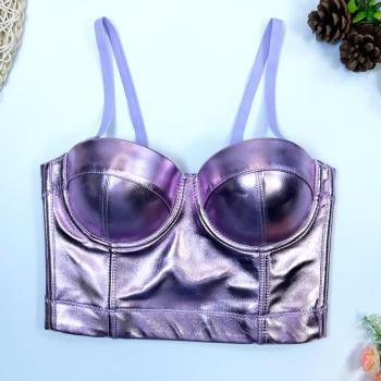 sexy slight stretch 4 colors pu solid color padded tank top(with underwire)