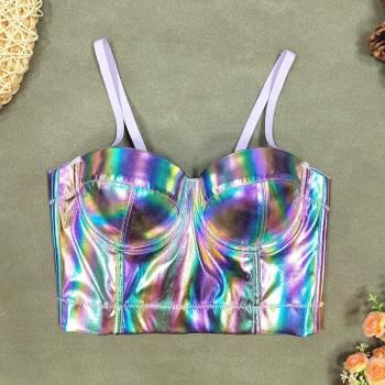 sexy slight stretch multicolor stripe pu padded tank top(with underwire)