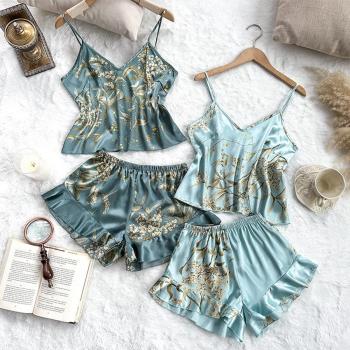 sexy new sling non-stretch imitation silk cherry printing 4-pieces set sleepwear