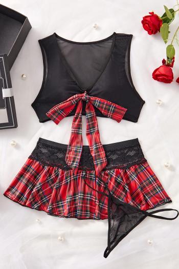 sexy slight stretch lattice lace trim skirt sets student costumes(with thong)