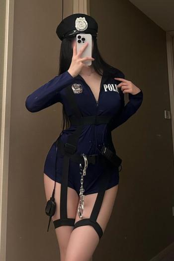 sexy slight stretch police cosplay with hat playsuit & handcuffs & intercom
