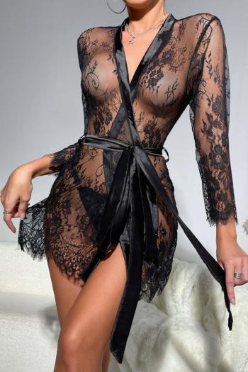 sexy slight stretch see-through lace with belt nightgown