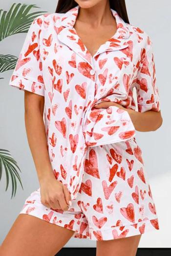 casual slight stretch lapel heart batch printing shorts sets