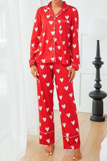 casual slight stretch heart print long-sleeved shirt and pants set loungewear