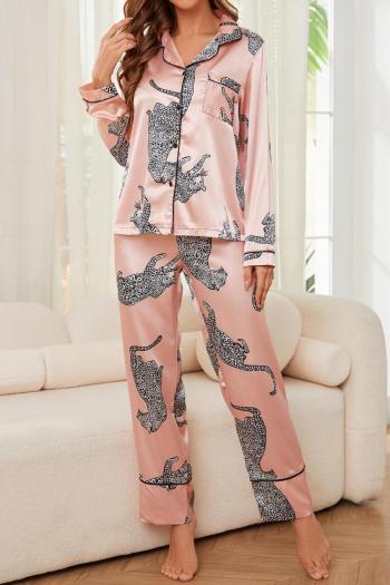 casual non-stretch imitation silk fabric leopard print pants set sleepwear
