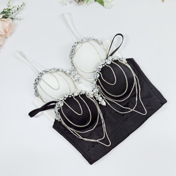 new padded underwire solid color polyester boning rhinestone tassel chain tops