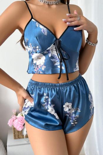 sexy non-stretch printing sling crop vest imitation silk shorts set sleepwear