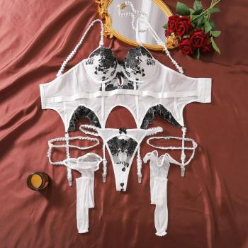 sexy slight stretch mesh embroidery underwire bra & panty set with stockings