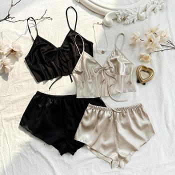 two packs sexy non-stretch solid color sling crop shorts set sleepwear #2